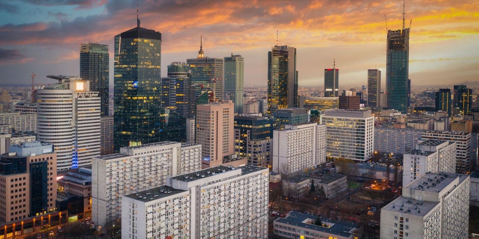 Warsaw skyline at sunset