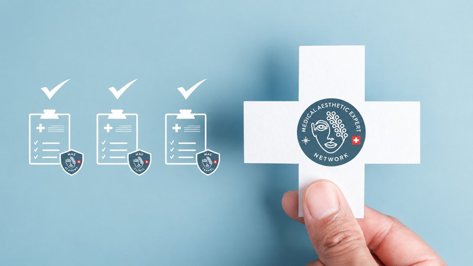 Document checklist and the Medical Aesthetic Expert logo on a white cross