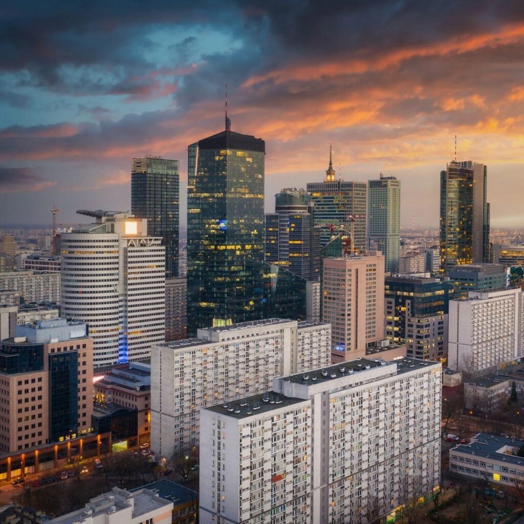 Warsaw skyline at sunset